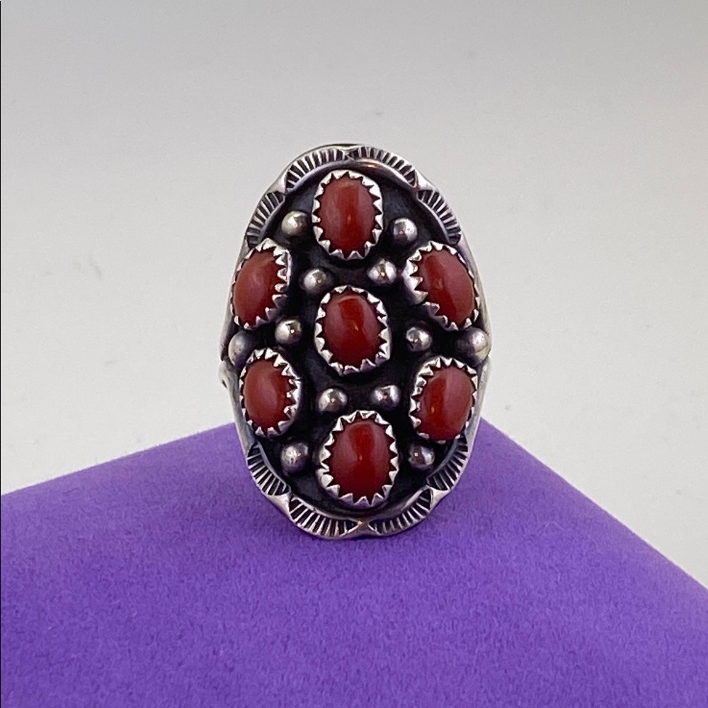 💛 Vintage Old Pawn Navajo Sterling Silver Coral Gemstone Ring
